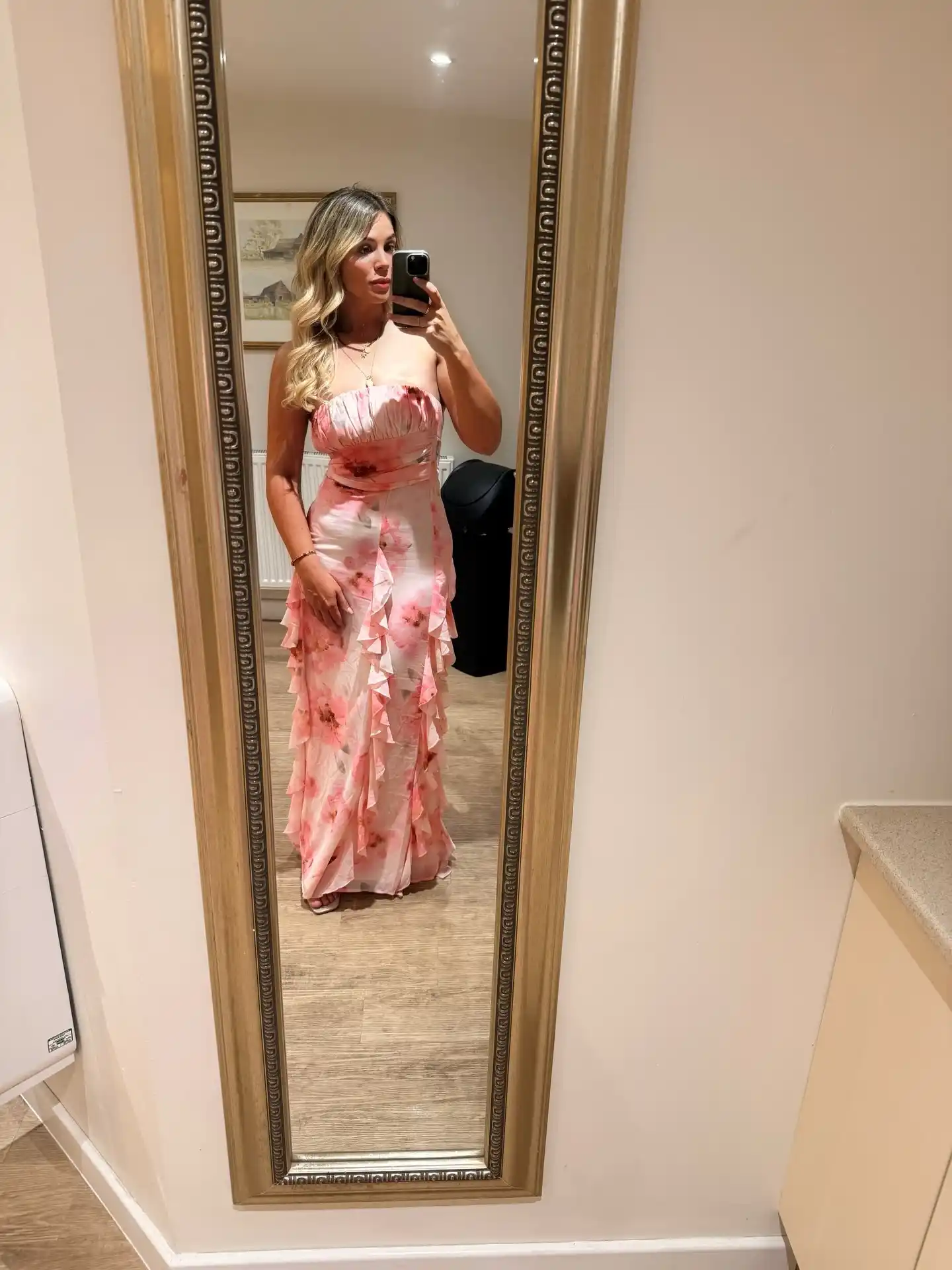 2. Strapless Floral Ruffle Gown