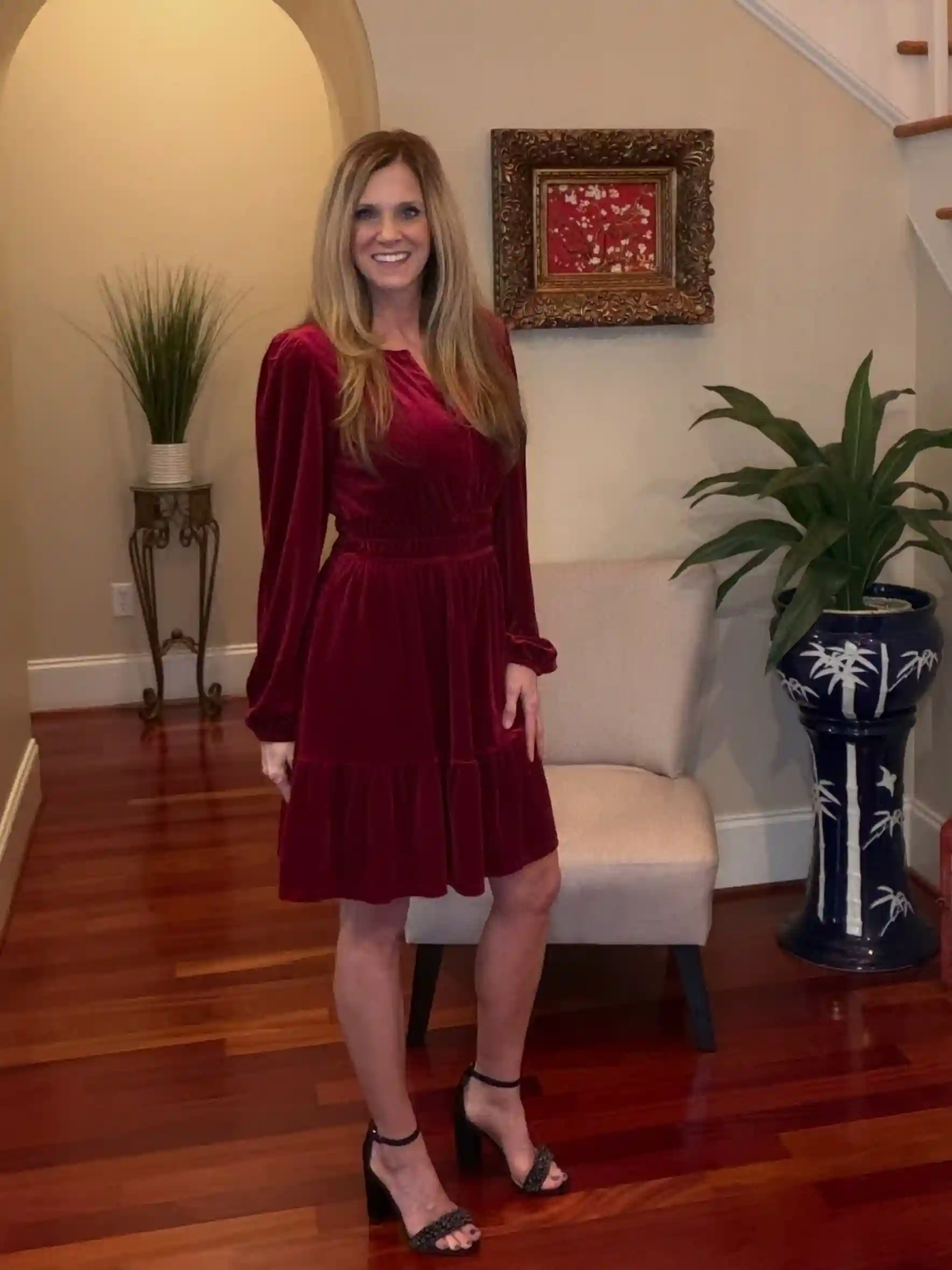 9. Red Velvet Dress with Block Heel Sandals
