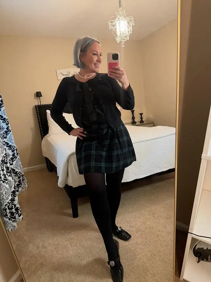 Blackwatch Tartan Skirt With a Bow Cardigan and Pearls