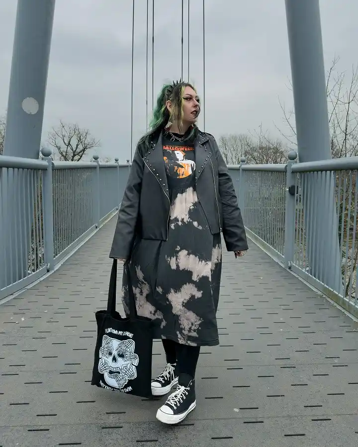A Horror Movie Tee Dress With a Studded Leather Jacket