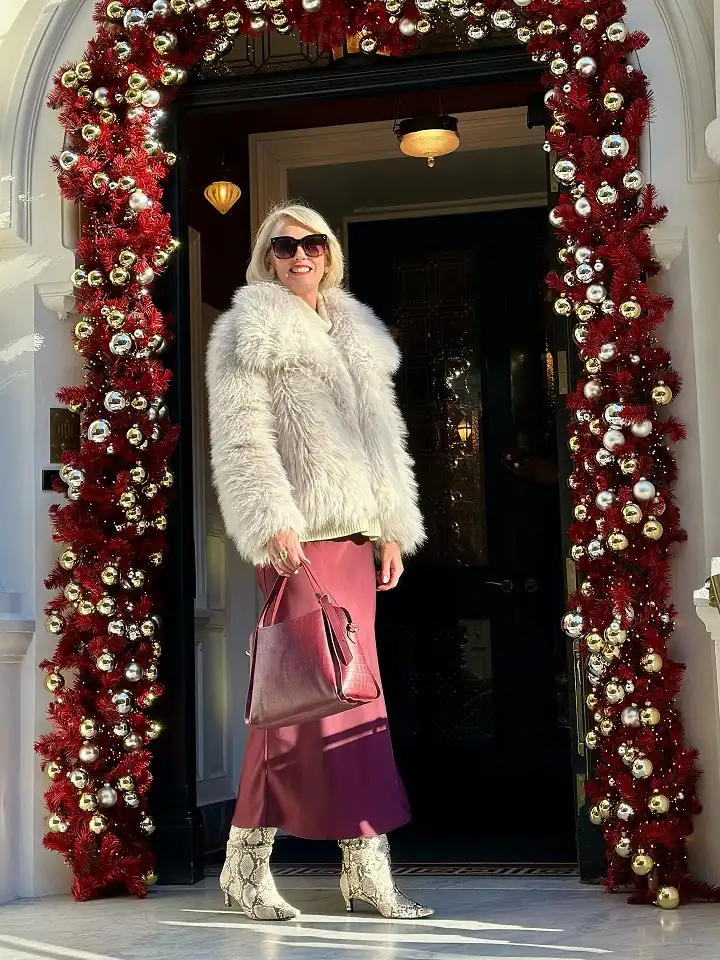 Shaggy Cream Coat With a Berry Satin Slip Skirt