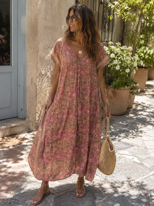 18 Boho Outfits for Women Over 40 (Not Costume-y) 2 Pink Floral Kaftan Maxi with a Straw Tote