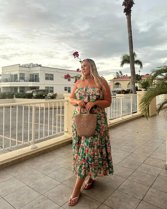 Strapless Ruffle Floral Midi in Green and Coral