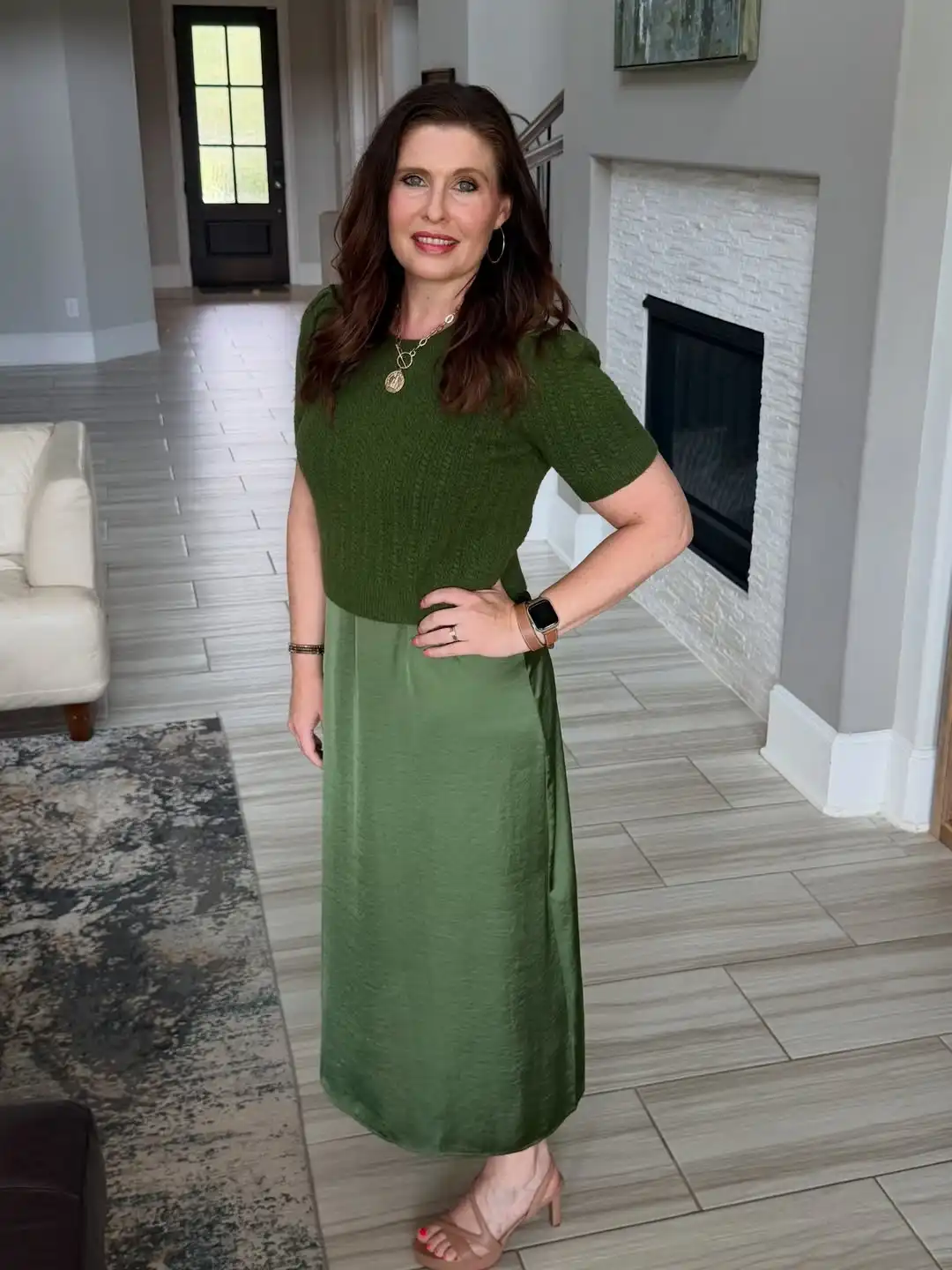 4. Olive Mixed Fabric Midi Dress