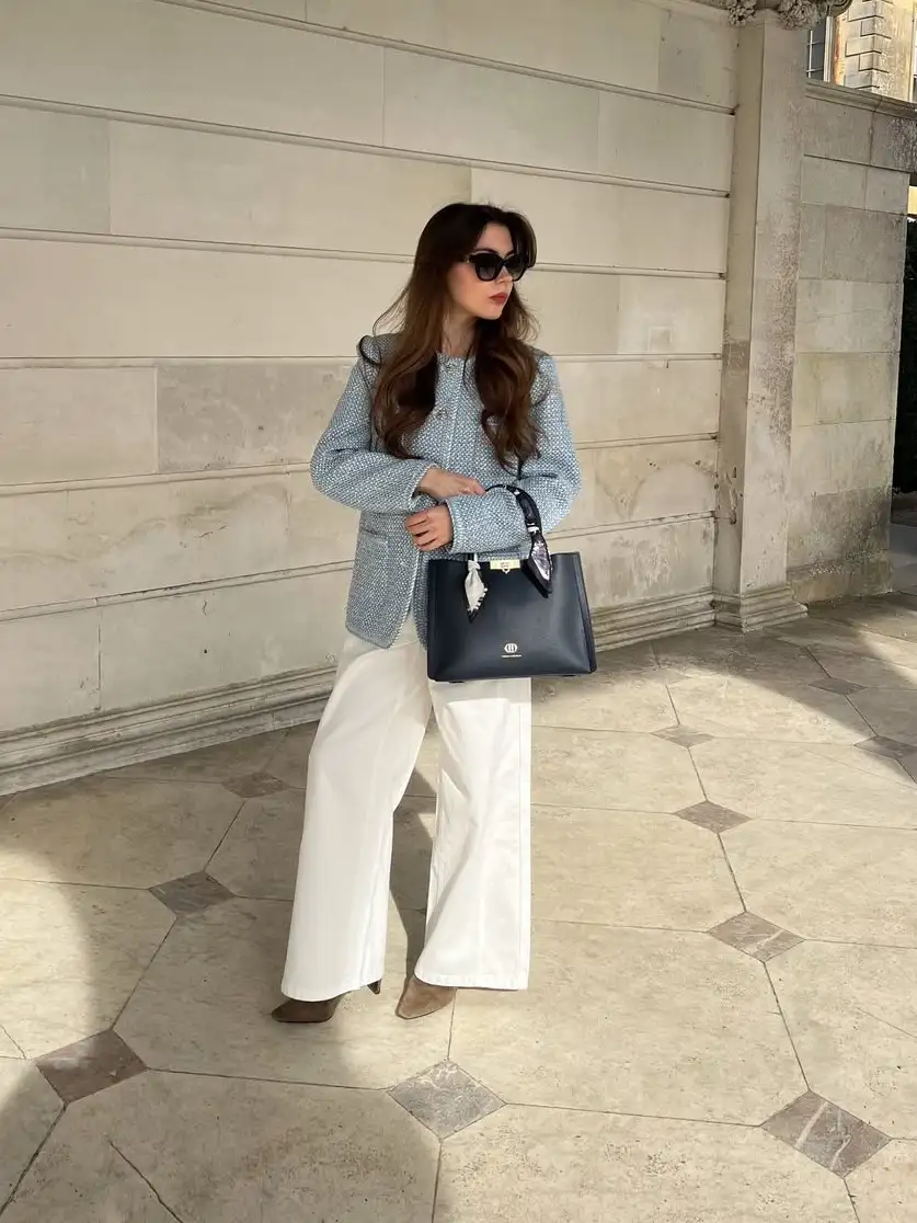 18 Preppy Outfits for Women Over 40 16 Blue Tweed Jacket With White Wide Leg Jeans