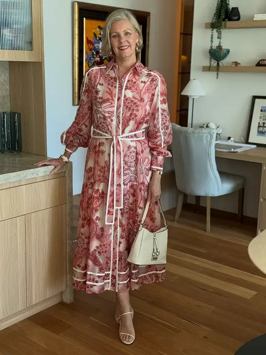 A Paisley Shirt Dress With Crisp White Trim