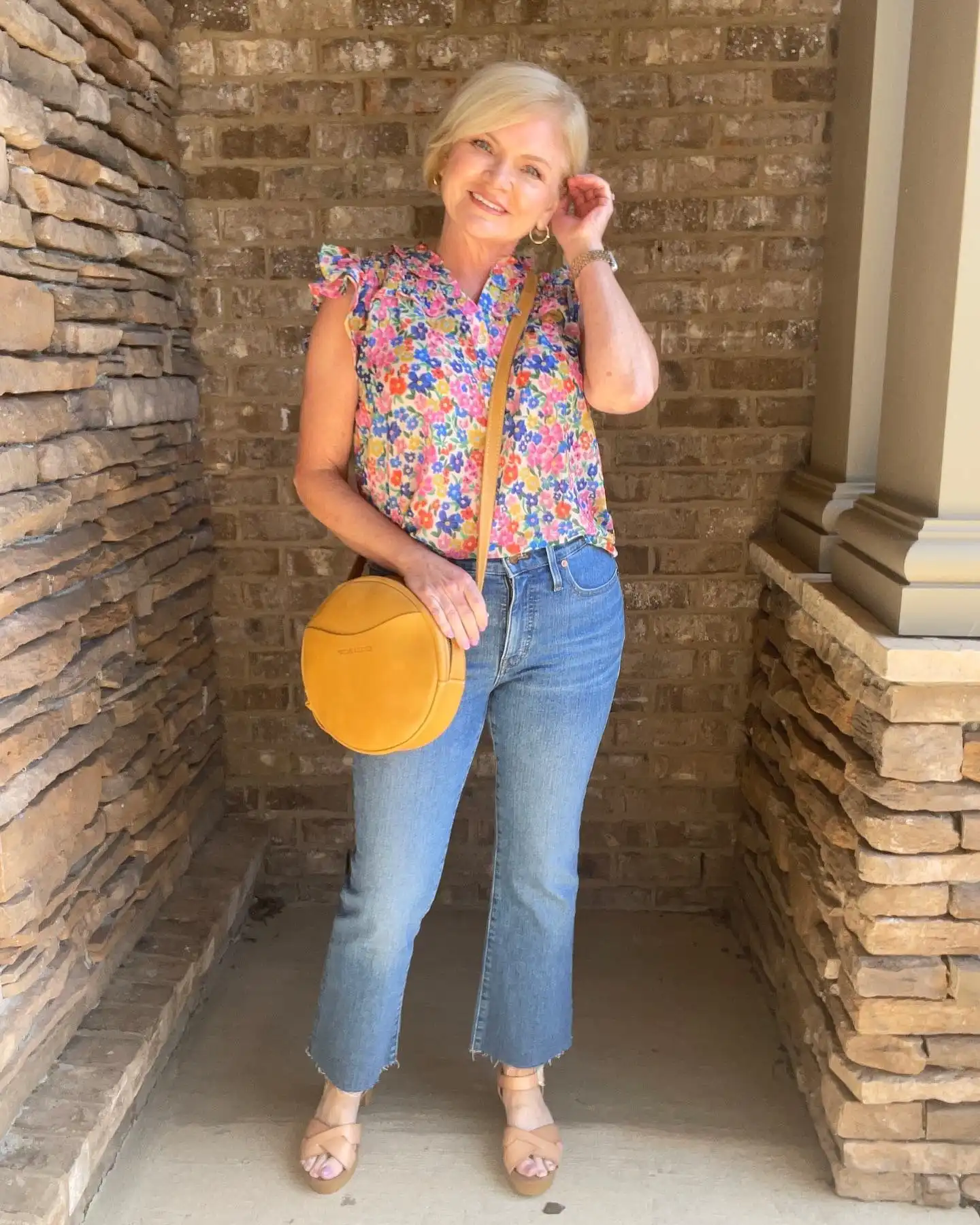 8. Floral Ruffle Top With Cropped Flare Jeans