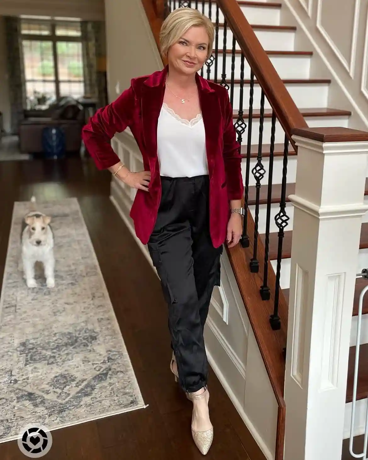 15 Velvet Outfits for Women Over 40 to Wear All Season 13 12. Red Velvet Blazer With Satin Cargo Pants