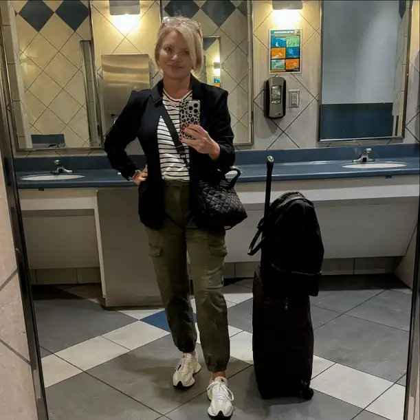 Black Blazer, Striped Tee, and Olive Cargo Joggers