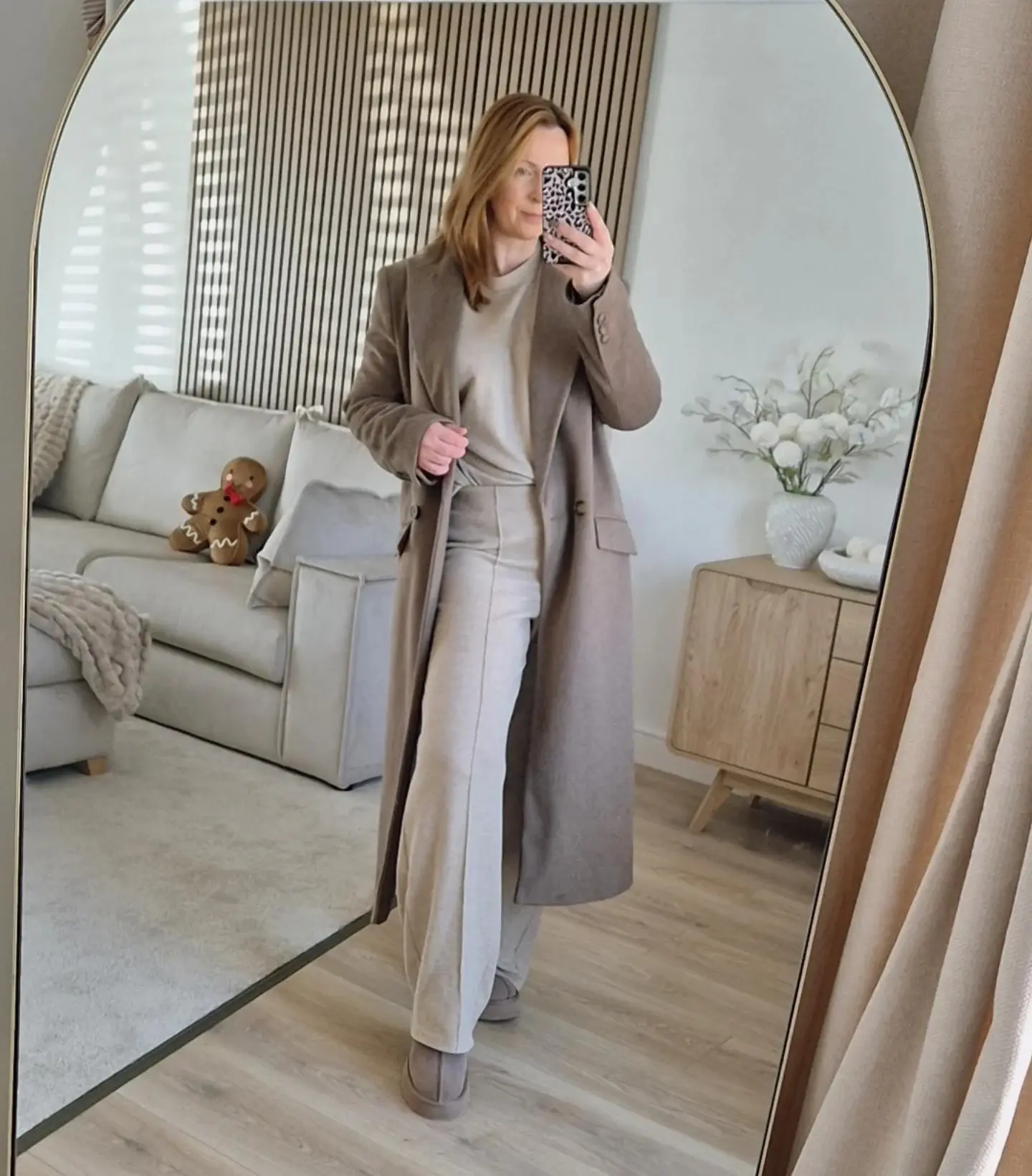 12 Loungewear Pieces for Women Over 40 (Not Sloppy) 6 5. Neutral Knit Set With Long Coat