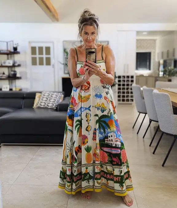 Novelty Print Linen Maxi With a Full Skirt