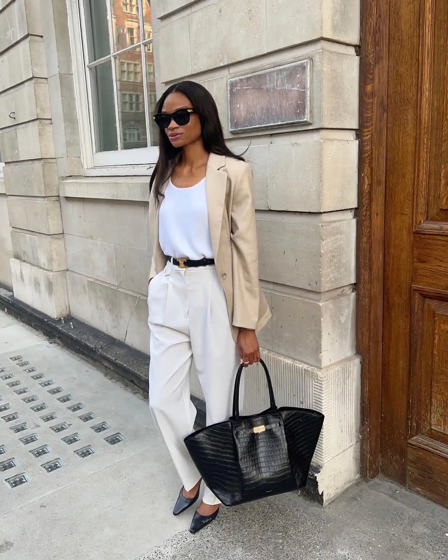 13 Working Mom Outfits Over 40 5 4. Camel Blazer and Cream Trousers