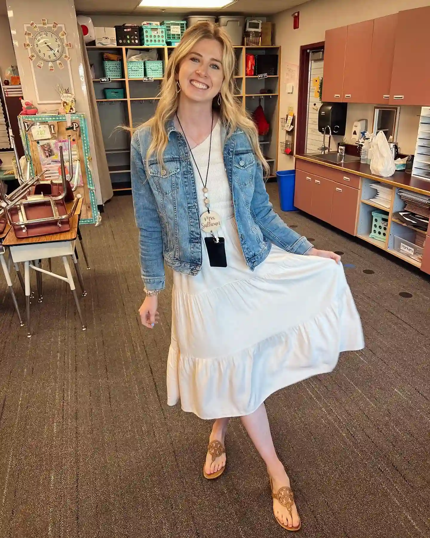 14. White Tiered Dress with Denim Jacket