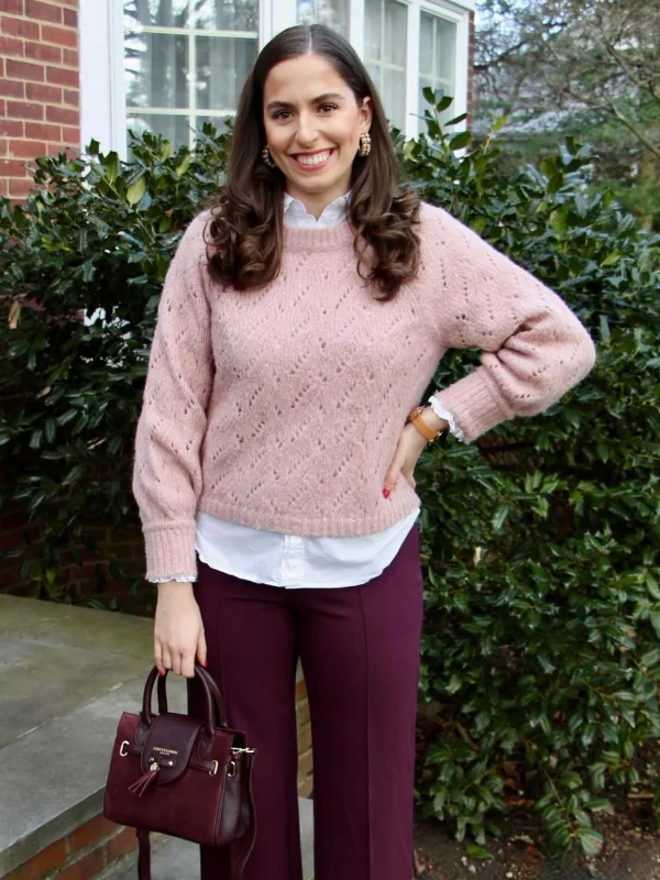15 Business Casual Outfits for Women Over 40 16 15. Pink Sweater with White Collared Shirt and Burgundy Trousers