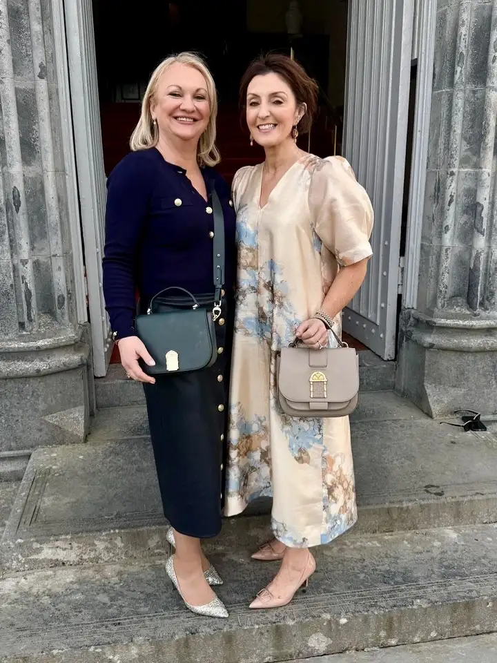 Navy Knit or Printed Satin? Two Elegant Outfits for Women Over 40 at Daytime Events