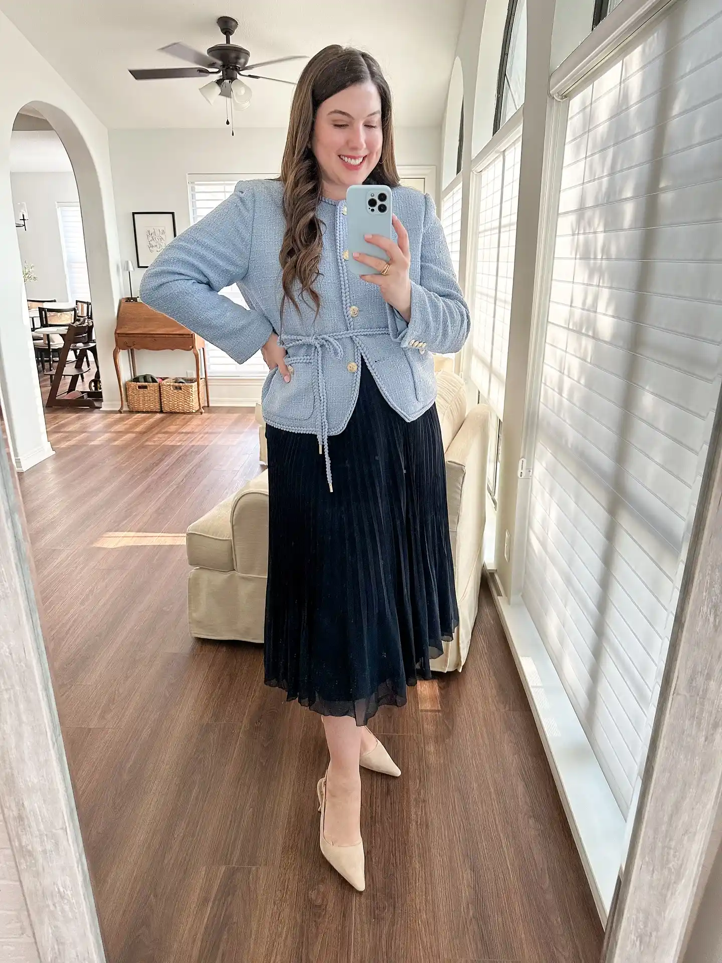 13 Working Mom Outfits Over 40 6 5. Blue Tweed Jacket and Black Pleated Skirt