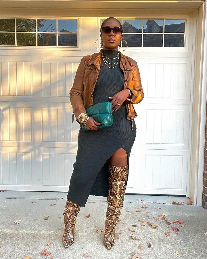 15 Fall Date Night Outfits Over 40 That Look Expensive Without Trying 4 3. Ribbed Midi Dress with Snake Print Boots