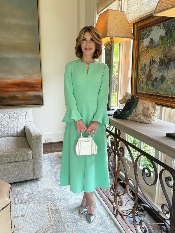 17 Fall Wedding Guest Dresses Over 40 That Look Expensive 17 16. Mint Green Crepe Midi With Fluted Cuffs