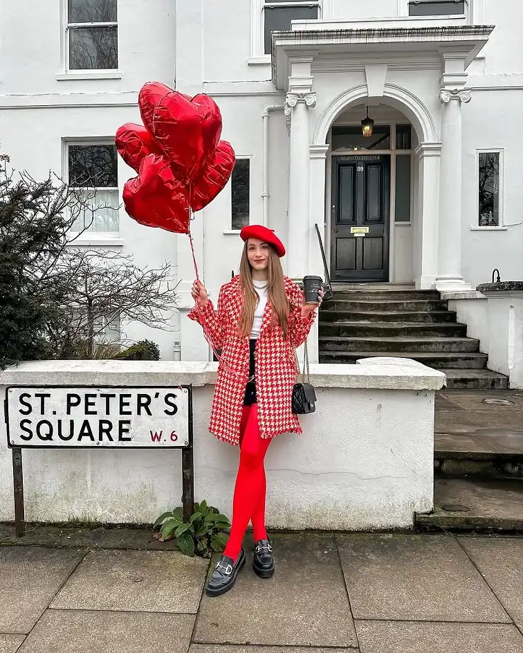 Red Houndstooth Coat With a Beret and Red Tights