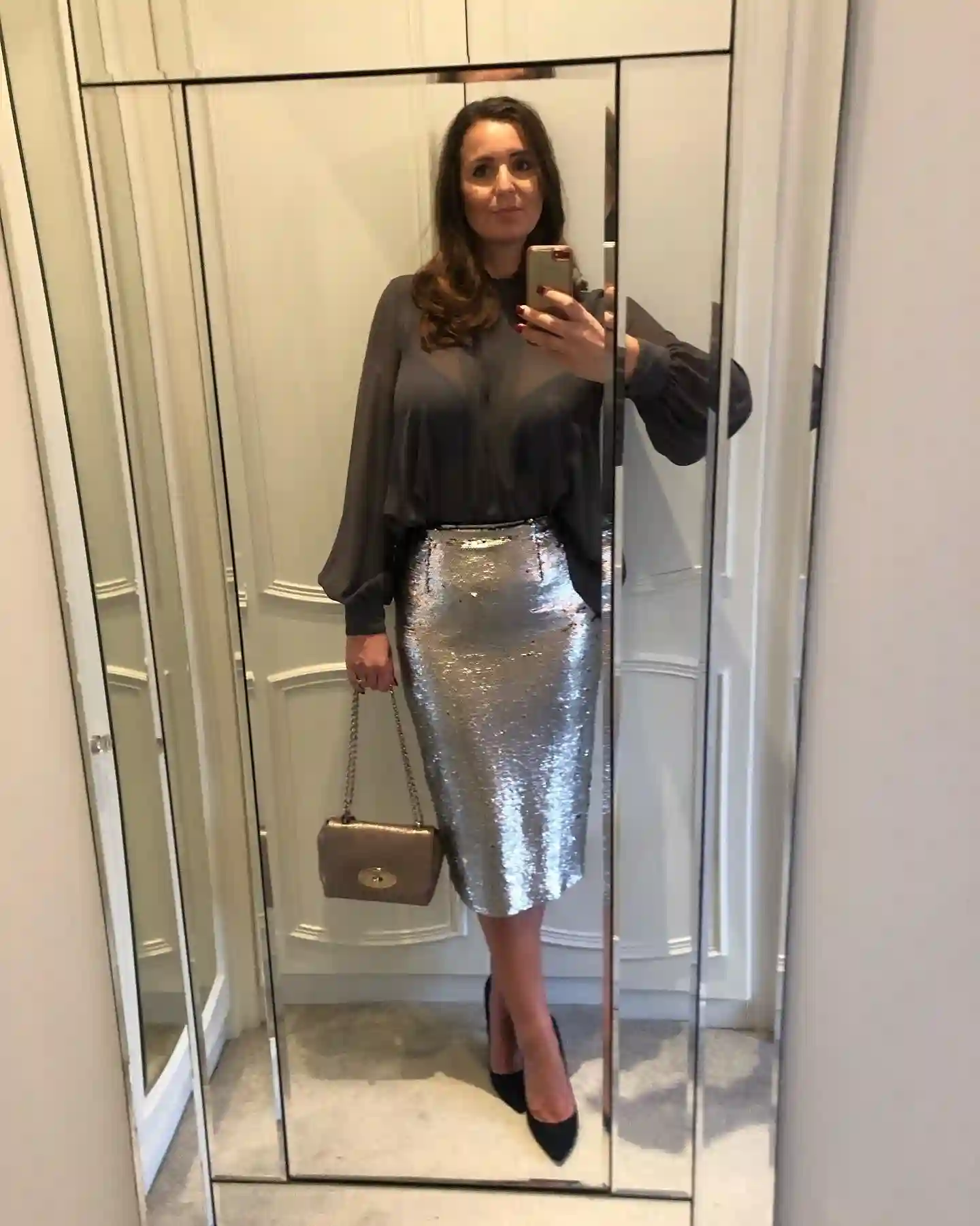 4. Sequin Pencil Skirt With a Sheer Smoky Blouse