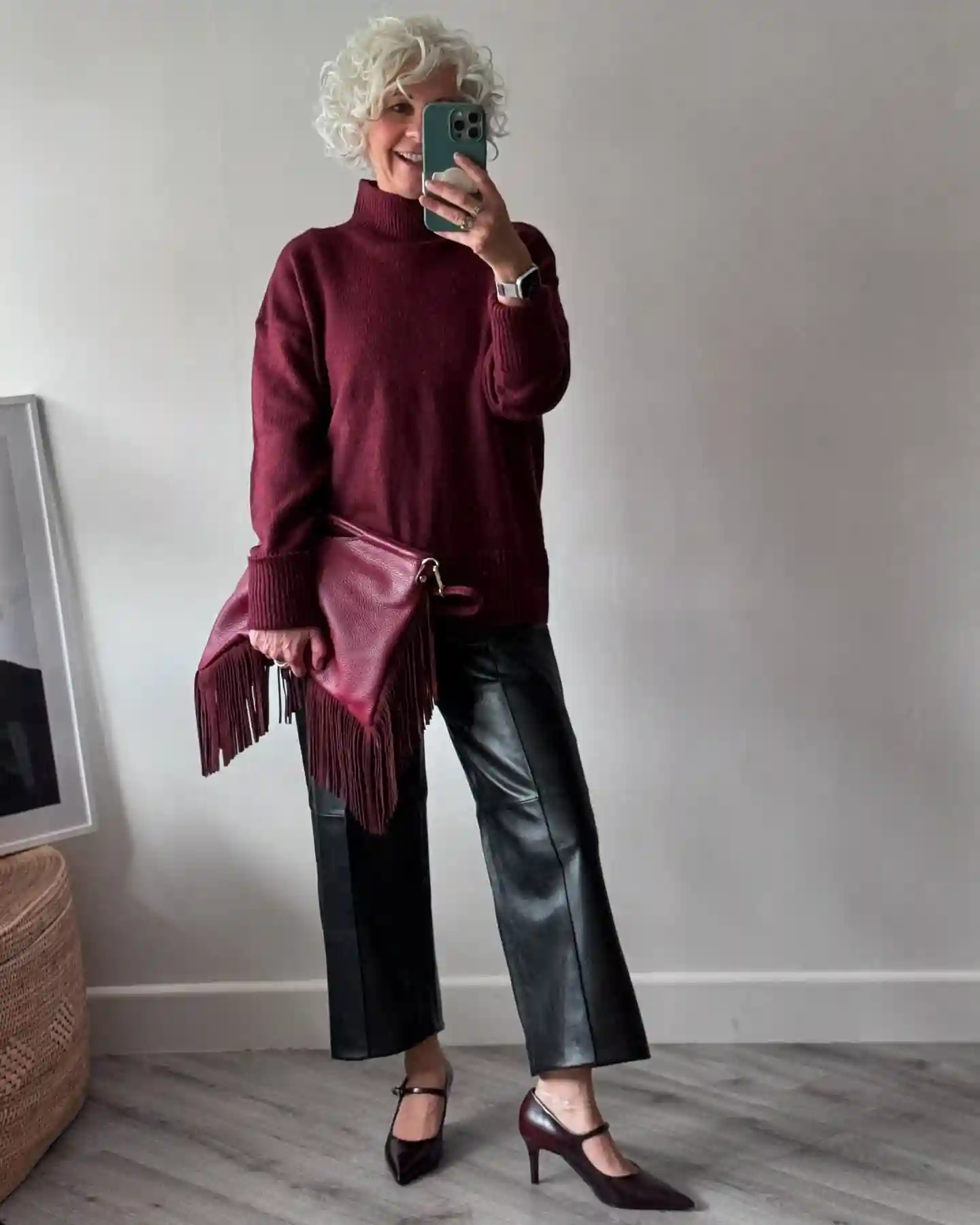 8. Burgundy Funnel Neck Sweater with Black Leather Crop Trousers