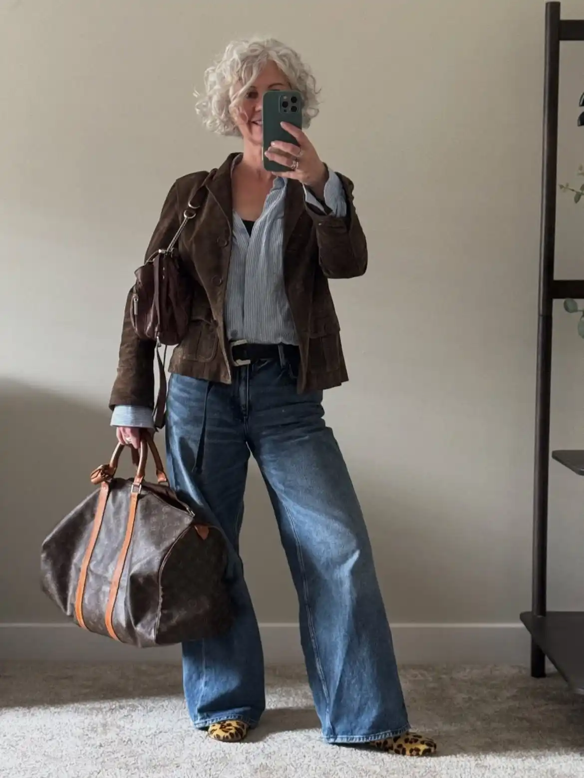 Modern Style: 20 Fall Outfits for Women Over 50 10 9. Brown Corduroy Jacket with Wide Leg Denim