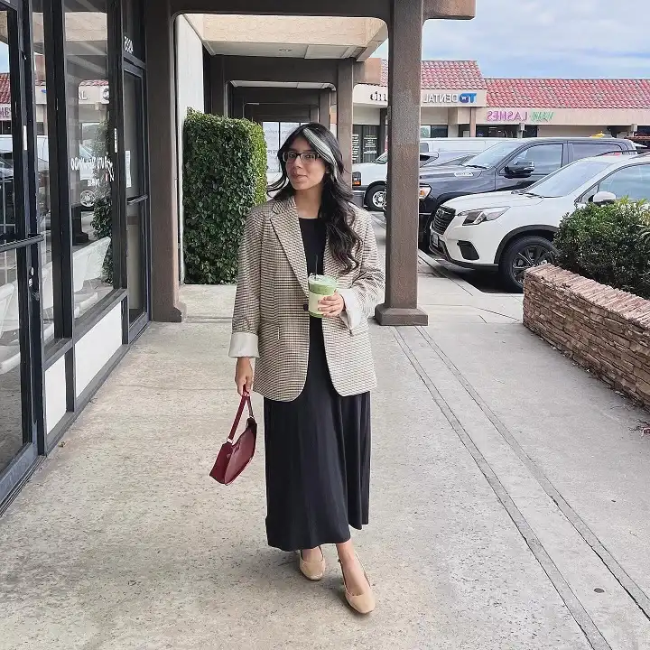 Plaid Blazer Over a Black Jersey Maxi Dress