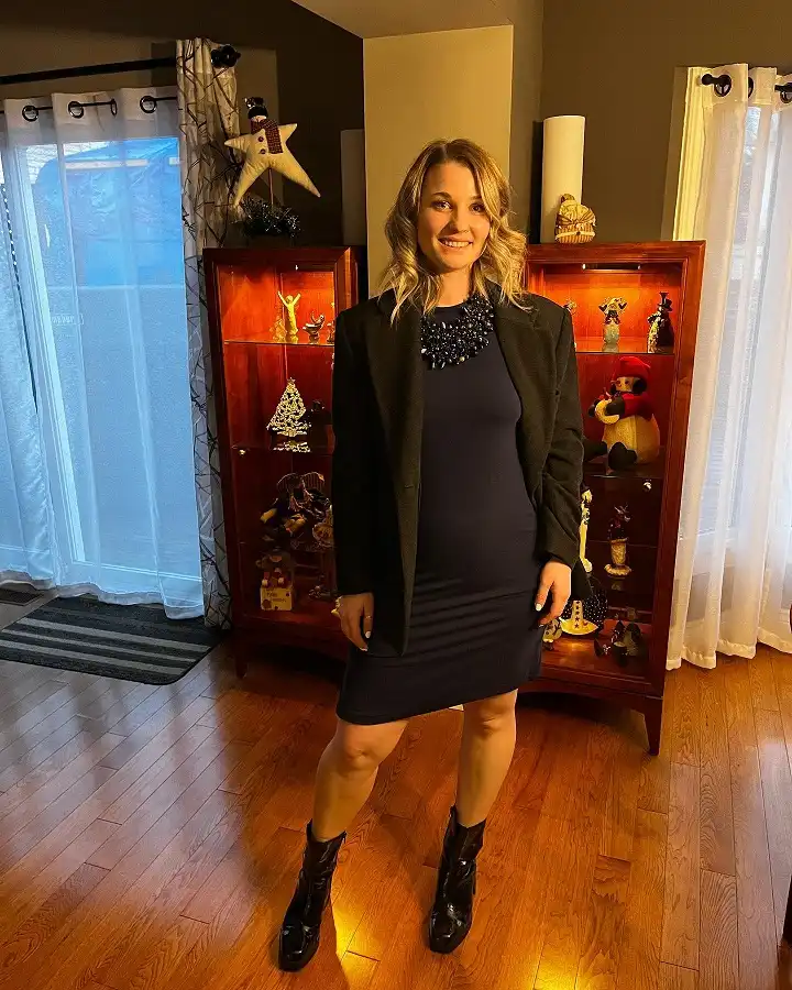 Navy Sheath Dress with Blazer and Statement Necklace