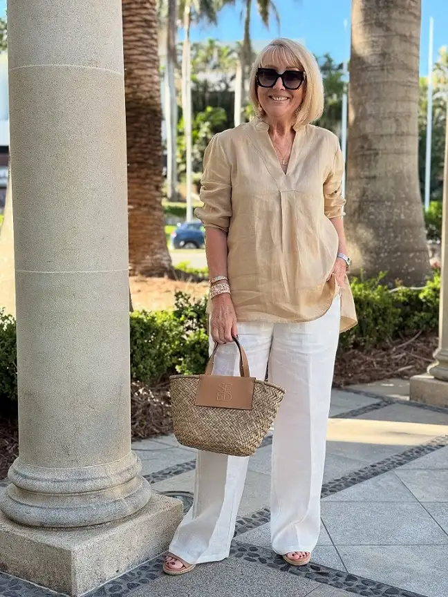 Sand Linen Popover and White Wide Leg Pants
