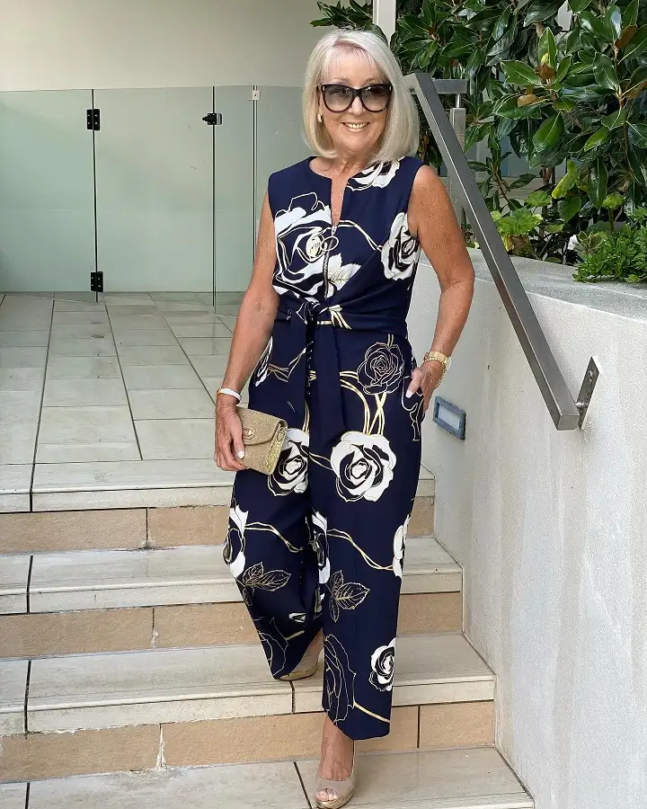 A Navy Rose Print Jumpsuit With a Tie Waist