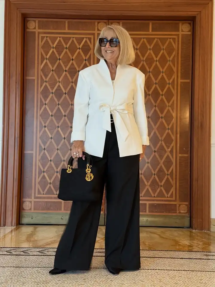 18 Retirement Party Outfits for Women Over 40 (Casual to Formal) 17 White Tie Waist Jacket and Black Trousers