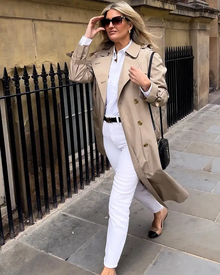 Trench Over a Crisp White Shirt and White Jeans