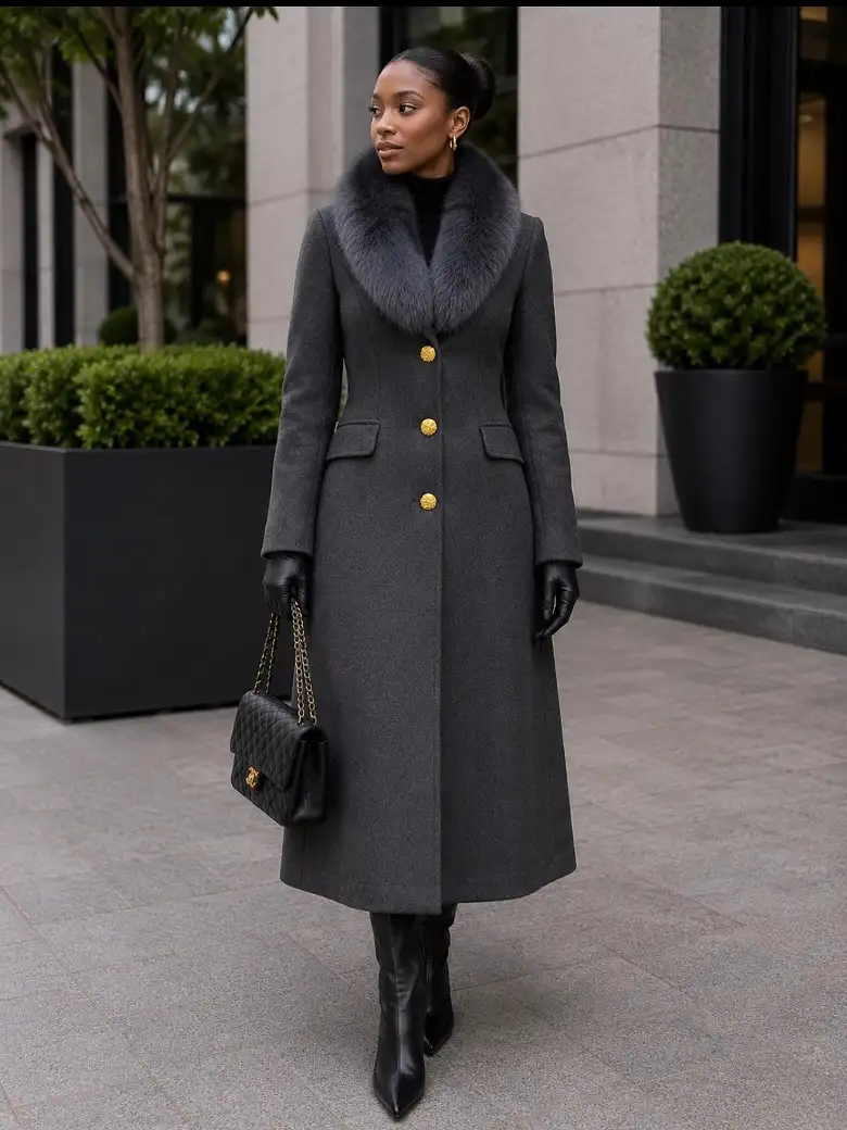 The Fitted Charcoal Coat With a Fur-Look Collar