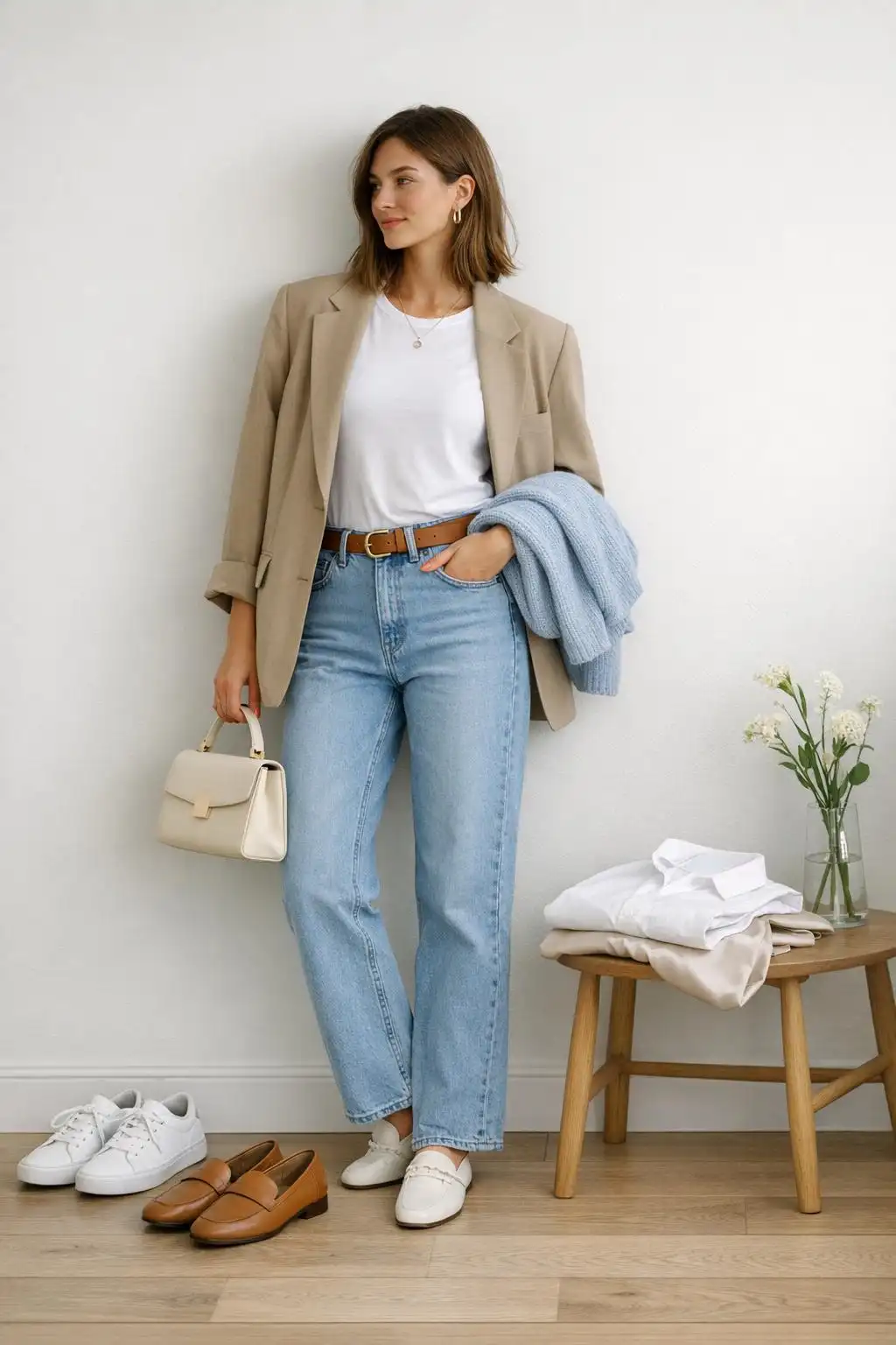 Beige Blazer, White Tee, and Light Wash Jeans