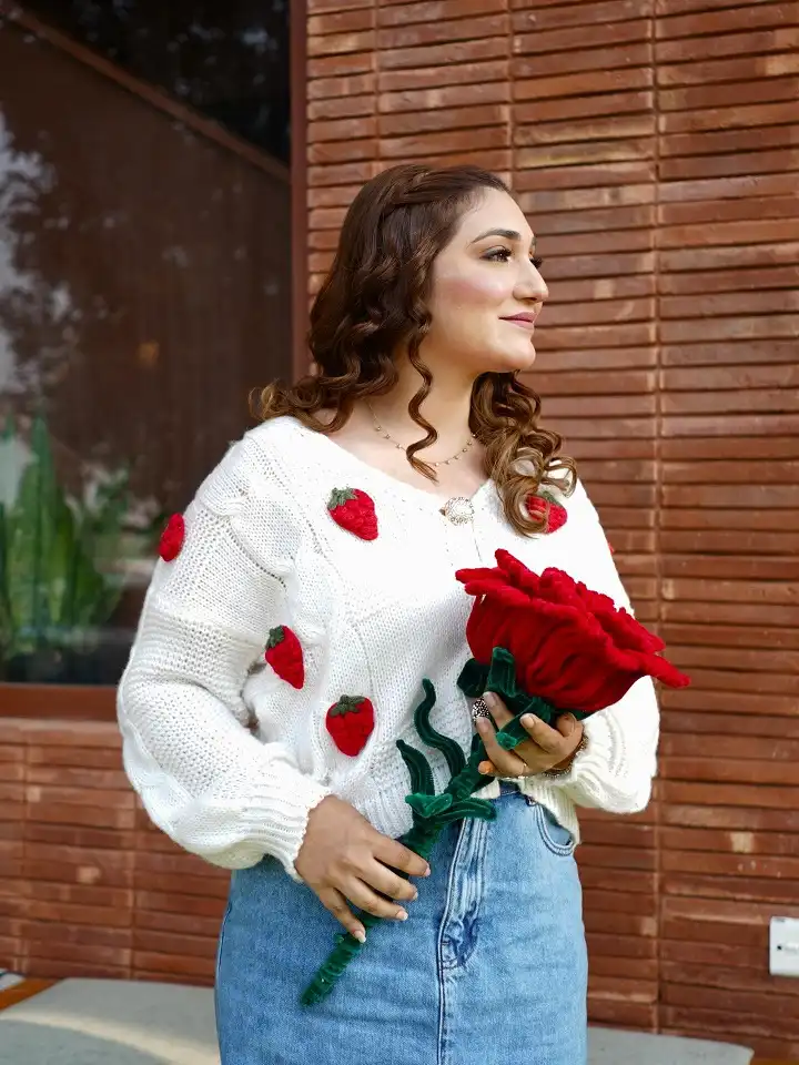 Strawberry Knit Cardigan With a Denim Skirt