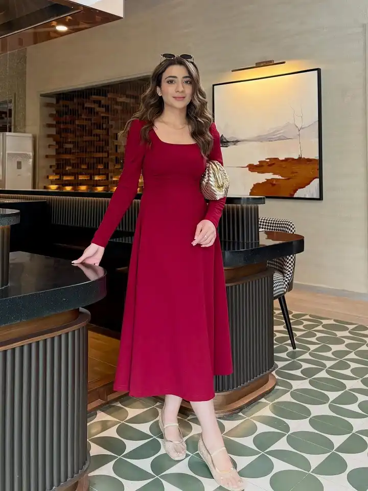 Long Sleeve Cranberry Midi Dress for Dinner Out