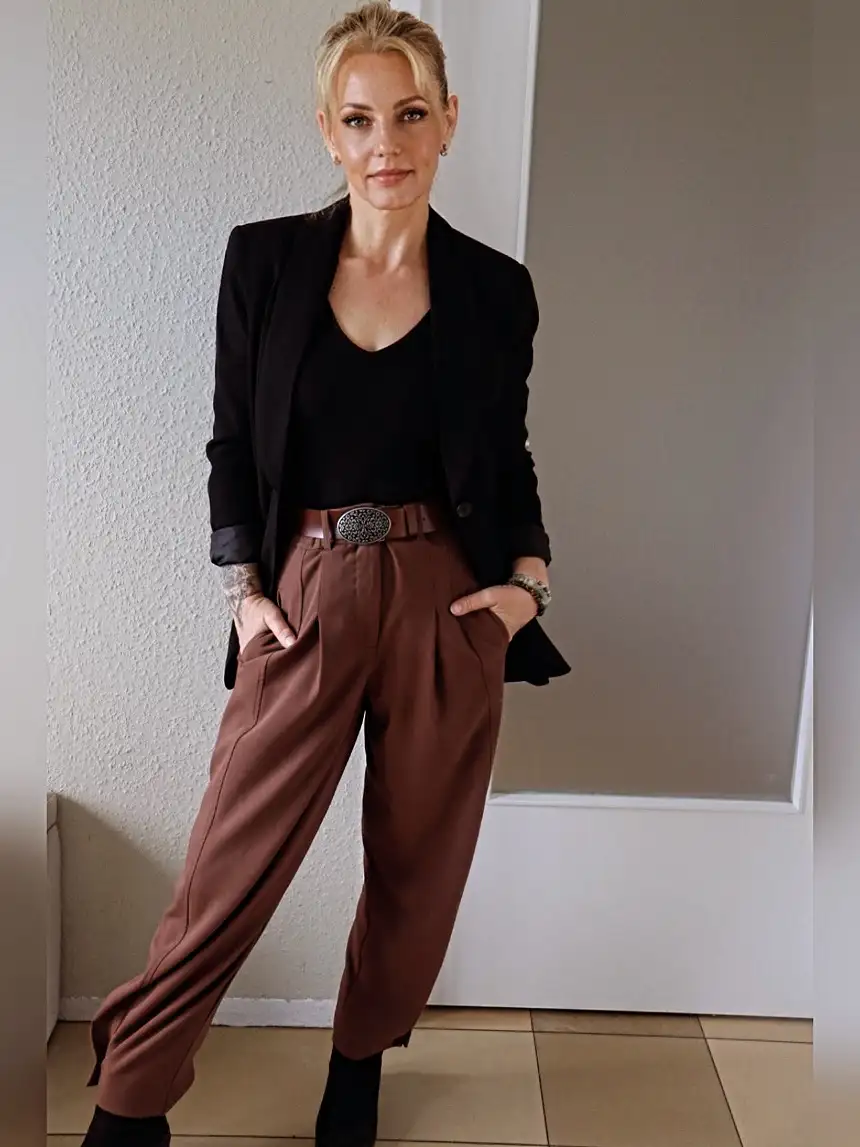15 Chic Outfits for Women Over 40 You Can Copy This Week 5 Black Blazer and Rust Pleated Trousers