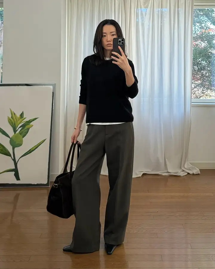 Black Crewneck Sweater over Olive Wide Trousers