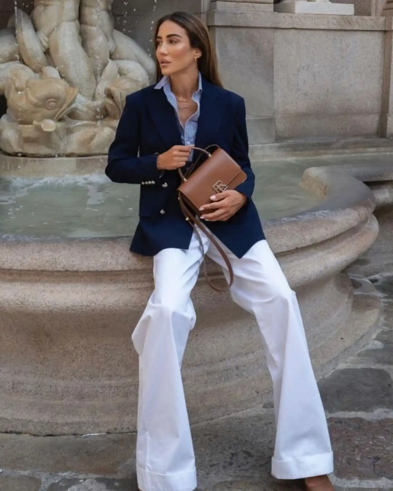 18 Preppy Outfits for Women Over 40 14 Double Breasted Navy Blazer With Cuffed White Wide Trousers
