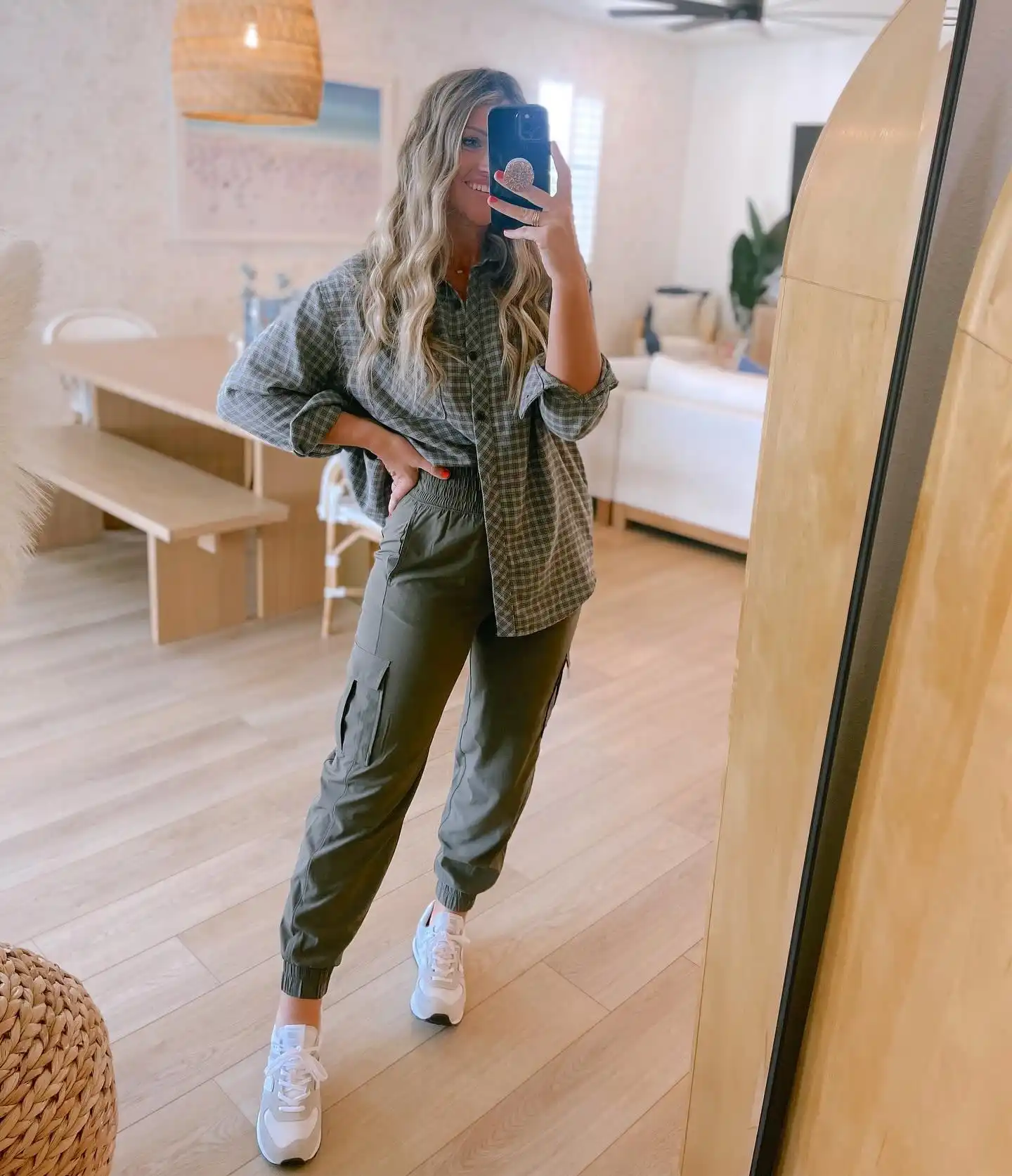 7. Plaid Button Down with Olive Cargo Joggers