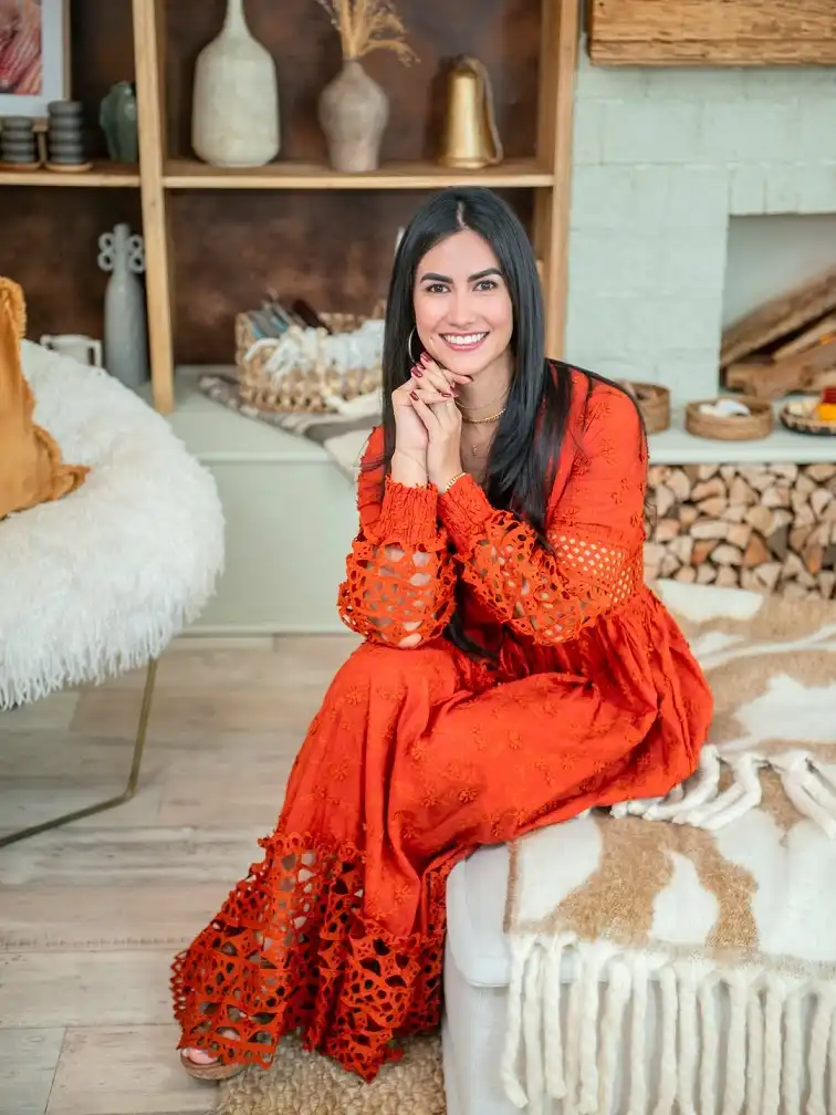 18 Boho Outfits for Women Over 40 (Not Costume-y) 14 Burnt Orange Eyelet Maxi Dress