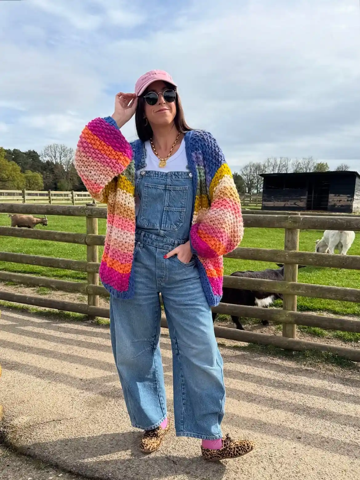 19 Holiday Outfits for Women Over 40 That Work for Parties, Dinners, and Sunny Trips 4 3. Rainbow Chunky Cardigan Over Denim Overalls