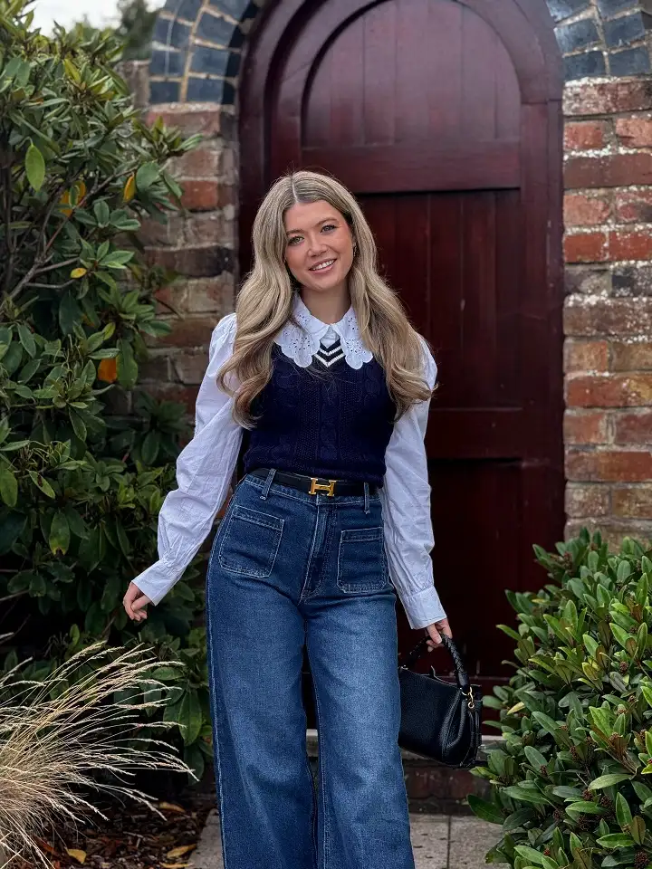 18 Preppy Outfits for Women Over 40 10 Cable Knit Vest Over a Scalloped Collar Blouse