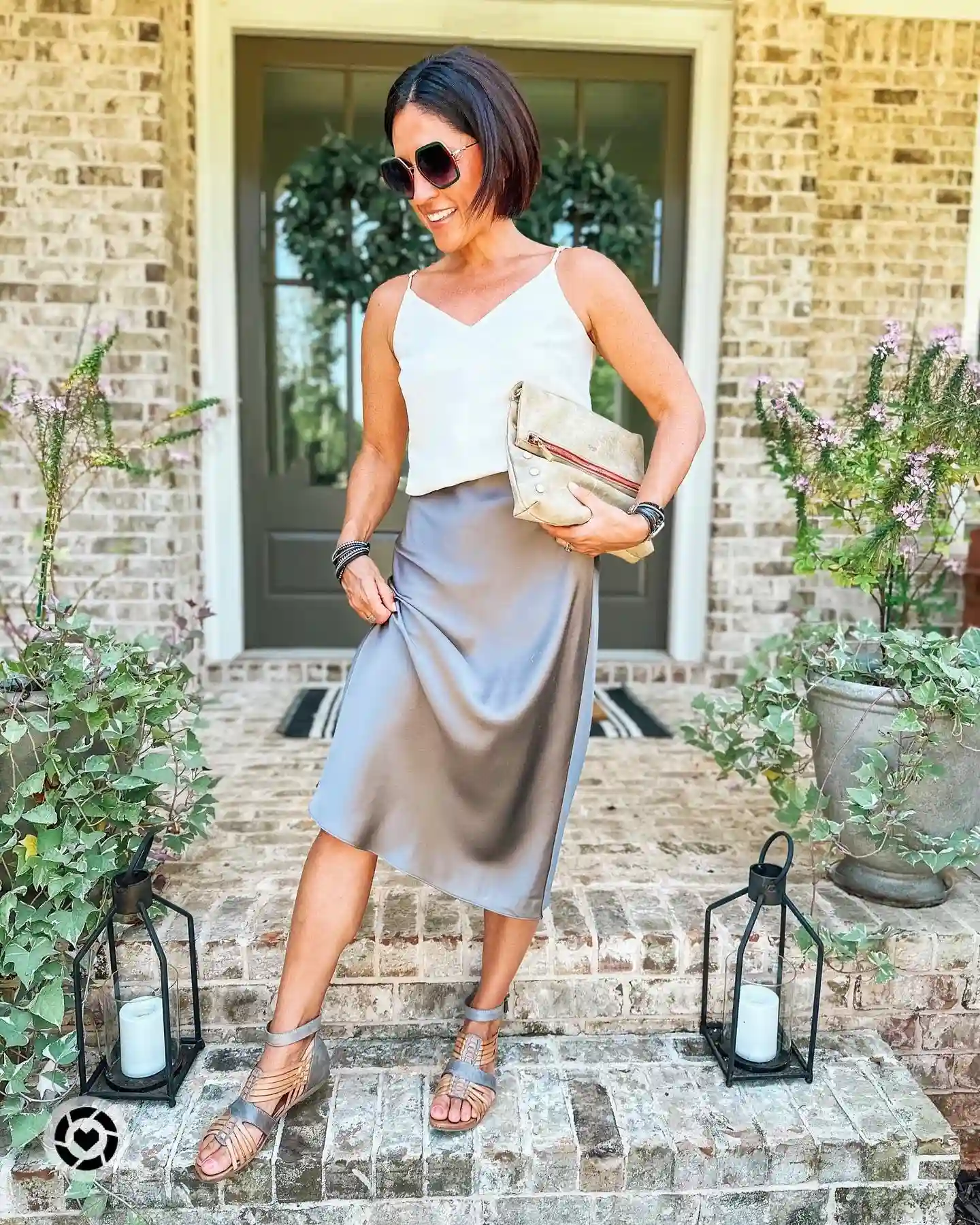 3. Gray Satin Slip Skirt With a White Cami