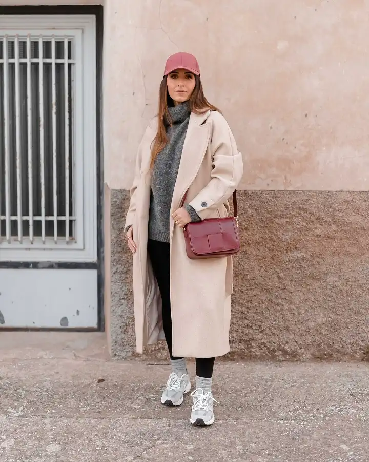 Cream Wool Coat, Gray Turtleneck, and Burgundy Accents