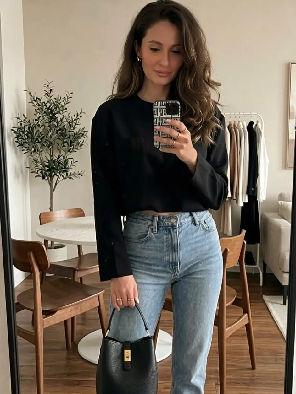 Boxy Black Top with Light Wash High Rise Jeans