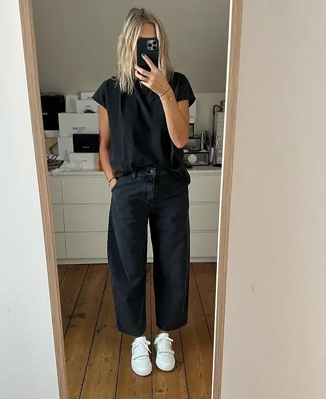 Washed Black Tee with Barrel Leg Jeans