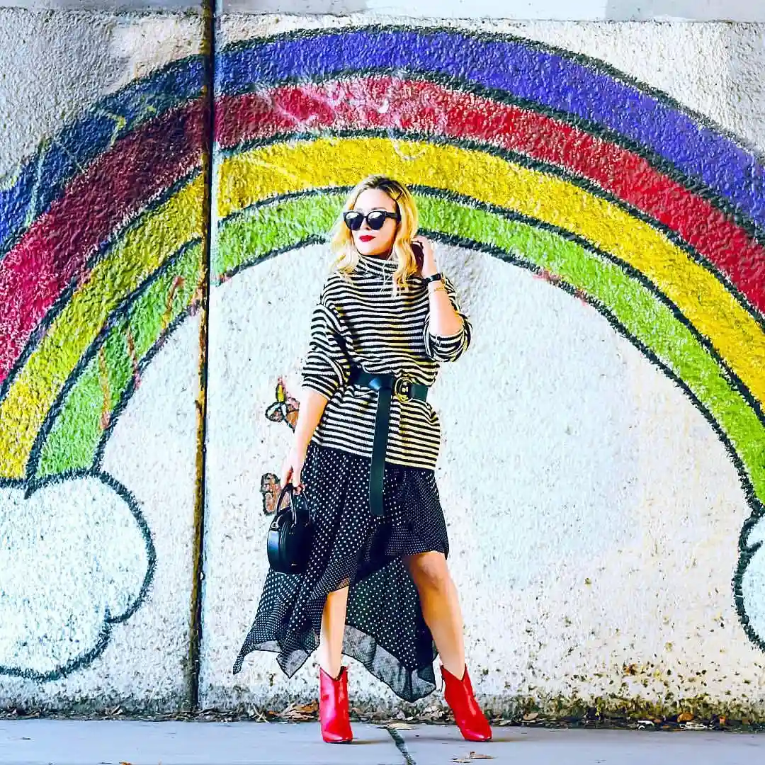 20 Ankle Boot Outfits for Women Over 40 14 13. Striped Sweater with Red Ankle Boots